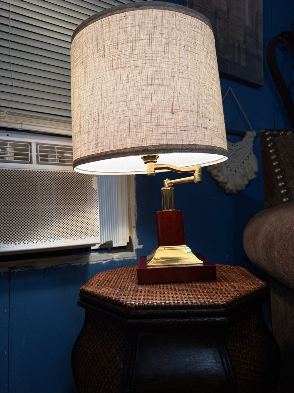 Classic Cream Shade Table Lamp with Brass Accents vintage banker lamp 1970s